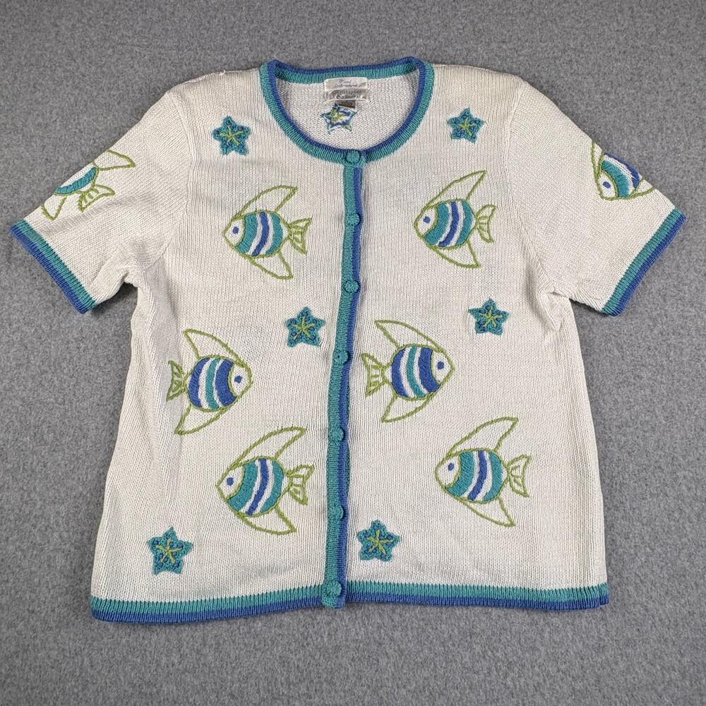 Vintage 2003 Christopher & Banks Cardigan S Embroidered Fish Ramie Silk Y2K